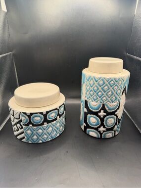 Interlude Home Set of 2 Decorative Tea Jars Blue Black White Ceramic Canisters
